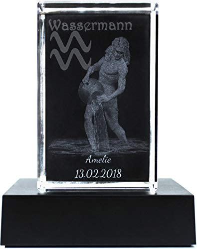 Galerie Kristall 3D-Laser Quader Sternzeichen mit Wunsch-Text (Wassermann)