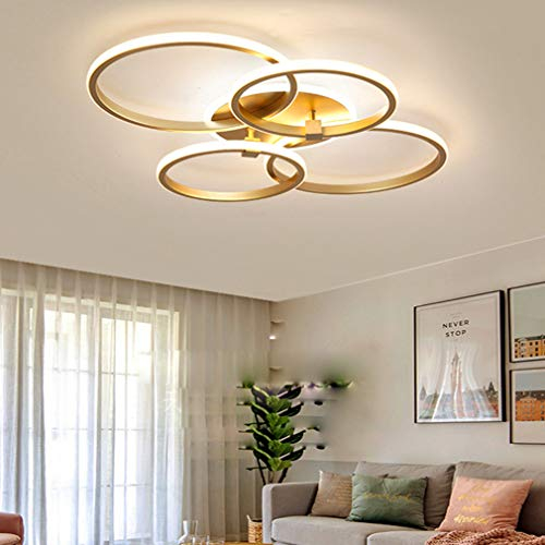 Wohnzimmerlampen LED Dimmbare Deckenleuchte Modern Chic Rund Ring Esstisch Deko Deckenlampe Mit Fernbedienung Flur Decke Pendelleuchte für Landhaus Büro Esszimmer Gold Design Lampen (4Ring)