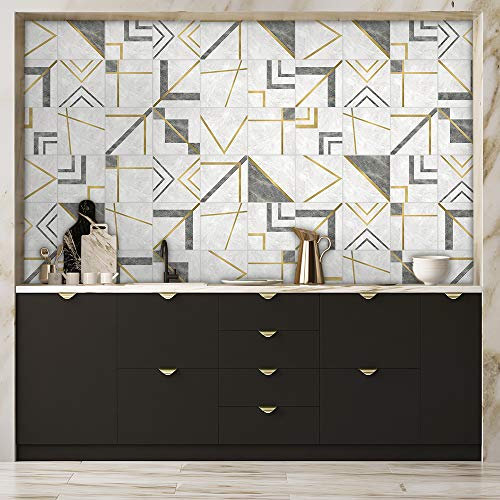 Floor Wall Tile Transfers Sticker for Home Decor, Peel & Stick self-Adhesive splashback, Tile Decals for Living Room Kitchen Bathroom Decor,15X15cmX 10 Pcs, Golden Grey White Marble Tile Sticker