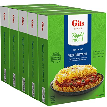 Gits Vegetable Biryani long grain aromatic Indian Basmati rice. Microwave for 1-2 mins | Ready to Eat Entrée | 46.5 Oz (Pack of 5 X 9.3 Oz each)