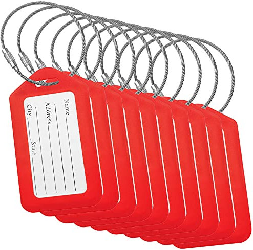 Etichette per Bagagli BlueCosto (Grande, Rosso, 10 Pezzi) - Etichette per Valigie da Viaggio con Scheda di Identificazione del Nome e Anelli in Metallo Resistente