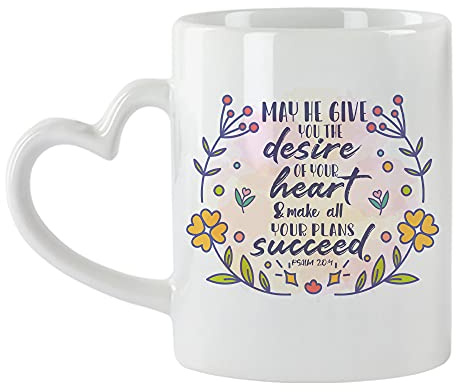 Getagift May He Give You The Desires of Your Heart Bible Verse/Quote Faith in God Present for Men/Women, Thanks Giving, Birthday Present Novelty Cup, Unique Heart Handle Ceramic Mug. (White)