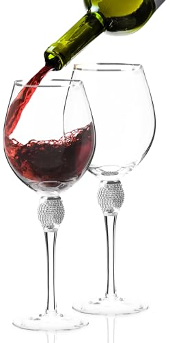 BERKWARE Set di 2 bicchieri da vino in cristallo a stelo lungo con bordo argentato e design con strass, 510 g