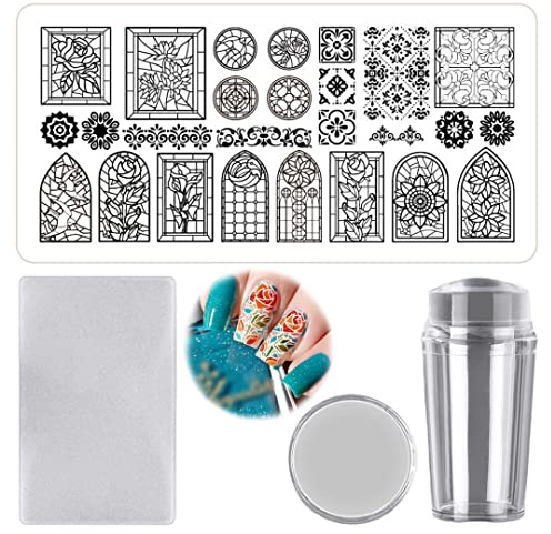 Nail Stamp Plates Set Church Window Nails Art Stamping Plate Scraper Stamper Set Rose Nail Art Image Plate for Beginners