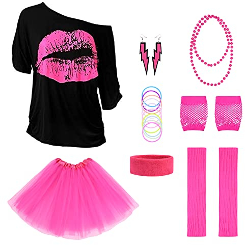 Aomig Kit Déguisement des Années 80, T-shirt à imprimé lèvres, jupe tutu pour adulte, jambières, gants en résille, Disco Costume Vetement Fête Néon Tutu Fluo, 1980 Costume De Fête - 8 Pièces (XL)