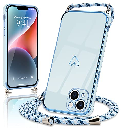 Micoden Coque pour iPhone 14 avec Collier Réglable Coque iPhone 14 Silicone avec Motif Coeur d'amour Mignon Etui Housse Antichoc avec Cordon Tour de Cou Lanière en Corde pour iPhone 14 (Bleu)