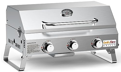 ONLYFIRE GRILLS GS307 GS307 - 3 bruciatori a gas da tavolo, 61 cm, in acciaio inox, portatile, con gambe pieghevoli, per esterni, patio, cortile, campeggio, tailgating, camper, resistente e 24000 BTU,