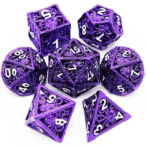 Haxtec Lila Hohl Metall Würfel Set Dungeons and Dragons Difts D&D Octupus Polyeder DND Würfel W/Leder Würfel Tasche für Dungeons und Dragons Pathfinder RPG Spiele