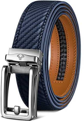 BULLIANT Gürtel Herren, Ledergürtel Herren Gürtel Ratsche Automatik Schnalle für Anzug und Freizeit 35mm,Größe Angepasst(Navy Blau-115cm/32-38 taille verstellbar)