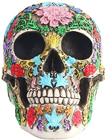 Tuzsocr Skulptur Totenkopf im Tag der Toten, Totenkopf-Statue mit Blütenblättern, Halloween-Ornamente aus Kunstharz,Tag der Toten Schädel,Bemalte Schädel-Ornamente für Zuhause, Esstisch, Wohnzimmer