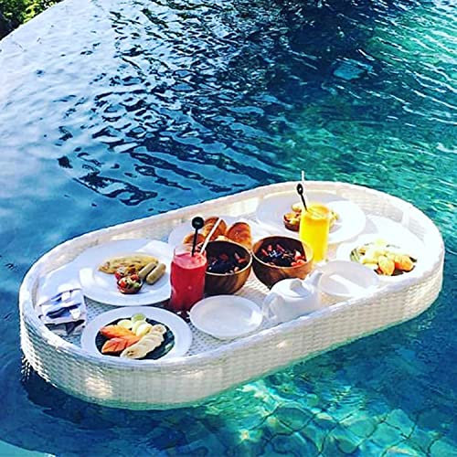 AALGO Handgemachte Rattan Tablett mit Griff schwimmender Tablettkorb Oval gewebte Obstkorb wasserdicht Mehrzweck Rattan Serviertablett für Brot Snack Frühstück,White-100 * 50 * 20cm