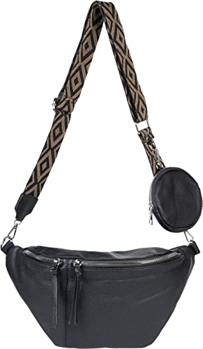 styleBREAKER Damen Halbmond Crossbody Schultertaschen Set 3-Teilig, Schultergurt mit Muster, Schlüsselanhänger, Börse 02012398, Farbe:Schwarz