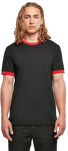 Build your Brand Men's Ringer tee T-Shirt, Black/Cityred, XL