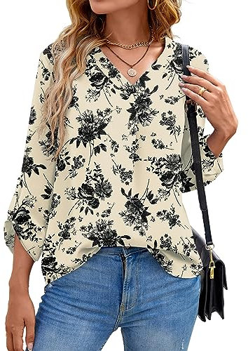Yommay Women's Blouses Ladies Tops Elegant 3/4 Sleeve Chiffon Casual Fashion V-Neck T Shirts for Fall,Floral White,2XL