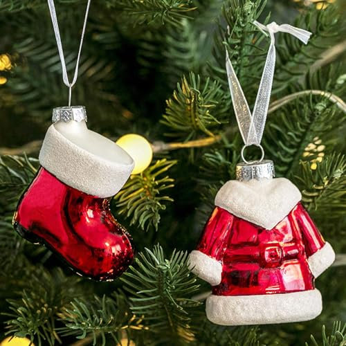 Amanman Weihnachtsschmuck aus Glas, 2 Stück, Weihnachtsmannkleidung und Stiefel, mundgeblasen und handbemalt