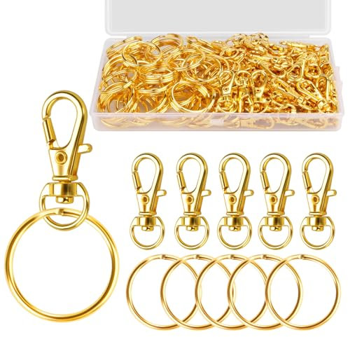 Didilor 100Pcs Swivel Lobster Clasps & Key Ring Hoops with Plastic Box,50Pcs Metal Key Ring Clips and 50Pcs Keyring Rings Key Chain Hooks with keyrings for Jewellery Making Hanging Crafts Gold