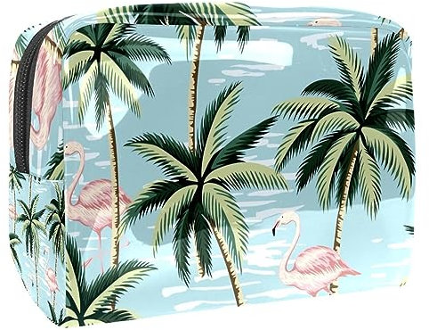 Trousse à maquillage flamant rose et palmier pour femme, trousse de toilette de voyage, grande trousse de maquillage en PVC pratique avec fermeture éclair, multicolore, 18.5x7.5x13cm/7.3x3x5.1in,
