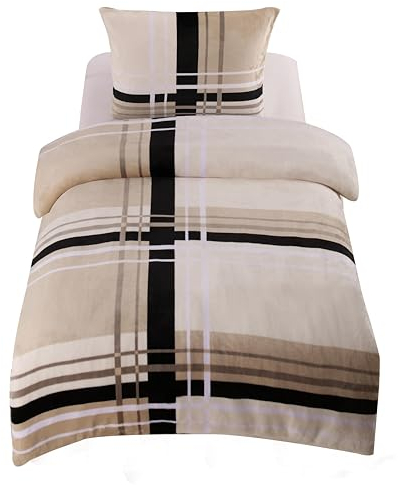 one-home Winter Bettwäsche Teddy Plüsch gestreift modern Kuschelig Flauschig Warm Weich, Größe:2 teilig 135x200 cm, Farbe:beige