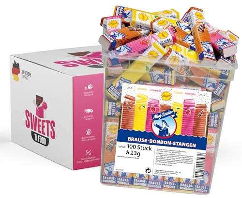 Ahoj-Brause Brause Bonbon Stangen Eimer 100 Stück, 2,3kg | + Mit stylishem SWEETS´N FOOD Packband verpackt