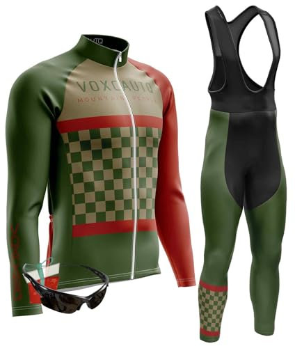 VOXCAUTQ Uomo Ciclismo Autunnale Complet Abbigliamento Ciclismo Set Manica Lunghi Tuta Ciclismo+Pantaloni Ciclismo con 9D Imbottitura in Gel + Occhiali Antivento da Ciclismo (XL,TypA-9)