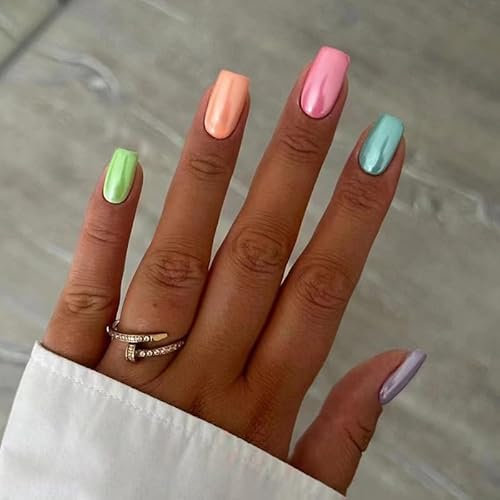 Agasar 24pcs Short Square False Nails Rainbow colors Mirror Stick on Nails Metallic Press on Nails Removable Glue-on Nails Full Cover Fake Nails Women Brides Nail Art Accessories