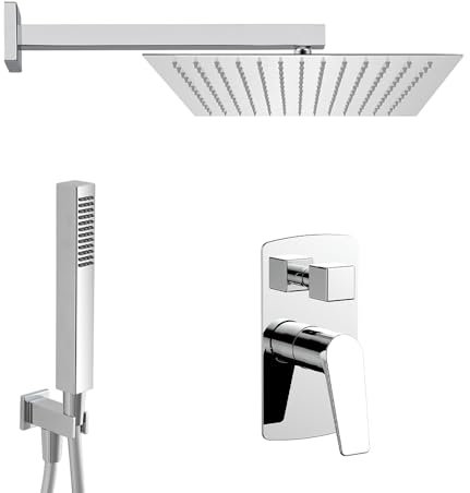 Set doccia incasso cromato lucido con braccio e soffione 30x30 cm, kit doccia con doccino in ottone, presa acqua e supporto, NEMES