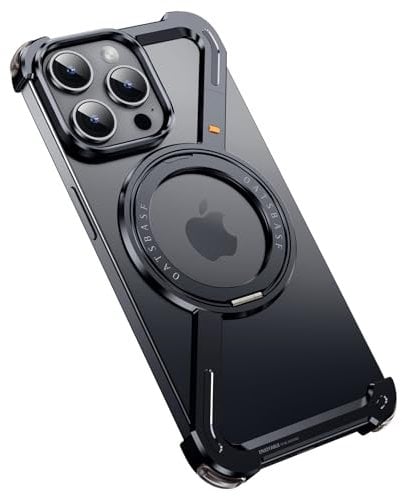 OATSBASF Minimalist Z Case Compatible with iPhone 14 Pro 6.1 Phone Case, 360° Ring Stand Aluminum Metal Frameless Bumper Phone Case, Drop-Proof Protective Shell, Easy Fit, Black