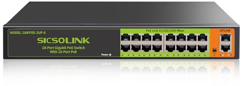 SICSOLINK 18 Port Gigabit PoE+ Switch | 16 PoE+ 2 Uplink, 250W total, 30W/port, IEEE 802.3af/at, Unmanaged Plug & Play
