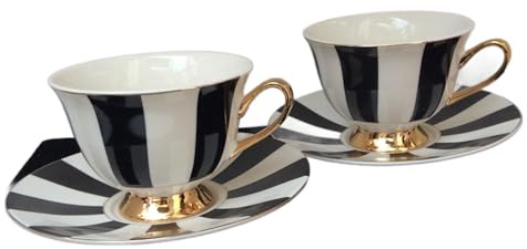 FromNo19 A Set of Two 220mL Black and White Stripy Cups and Saucers in Standard Packaging