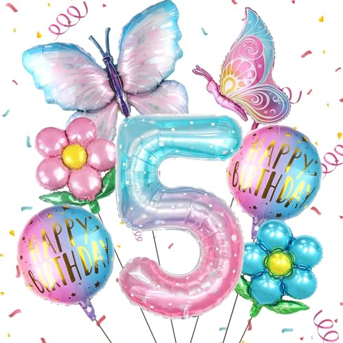 Folienballon Geburtstag Mädchen, 7 Stück Feen Geburtstag Deko Folienballon, Schmetterling Ballon, Luftballons Blumen, für Mädchen Geburtstage, Fotografie, Baby Shower, Party Bedarf (5 Jahre)