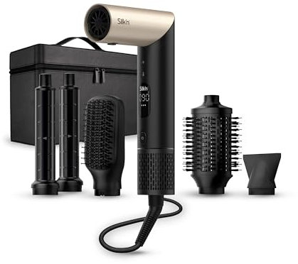 Silk’n Air Styler 5-in-1 - SilkyAir Flex - Hair Dryer with 5 Attachments - Heated Hair Brushes and Wrap Curler for Hair Styling - With Travel Case - No-Damage Quiet Ionic Blow Dryer 1300W - Black