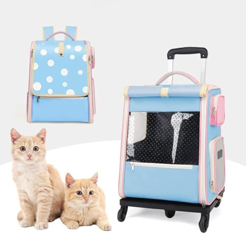 PJDDP Hunderucksack Mit Trolley 2 in 1 Katzenrucksack Hunderucksack Mit Rollen Hundetrolley Transporttasche Trolley Für Katzen Und Kleine Hunde,Blau