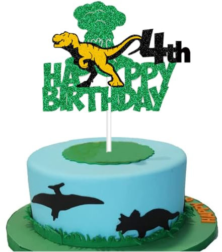 4th Birthday Cake Toppers, Dinosaur and Jungle Animal Themed, for Boys and Girls Cake Party Supplies