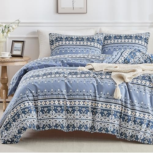 Lekesky Bohemian King Size Duvet Cover Sets Blue Bedding Geomoetric Stripes Print Bedding Sets King Size (1x Quilt Cover, 2x Pillowcases) Ultra-Soft Microfibre Blue Duvet Set 230x220 cm