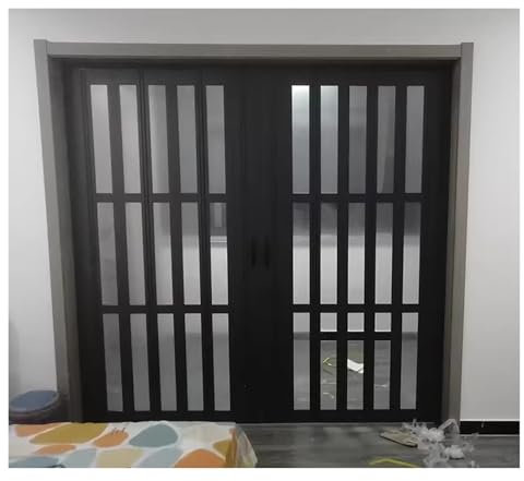 Puerta plegable doble grande con cristal para patio interior y exterior, despensa, sala de dibujo, 140 x 230 cm, marco de aluminio, color marrón, blanco y negro, puertas de acordeón (negro 149.9 x
