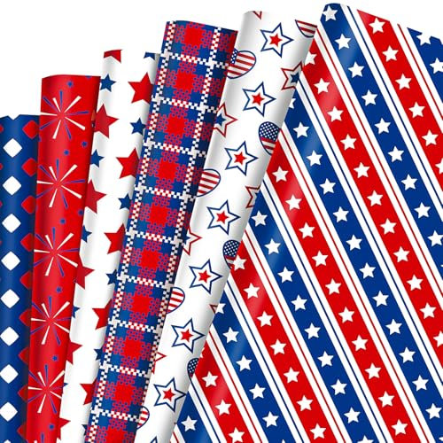 MORAINJAY 12 Bögen Geschenkpapier für den 4. Juli, USA Flagge Unabhängigkeitstag Geschenkpapier für Jungen, Patriotisches Rot, Weiß, Blau Geschenkpapier, Sterne und Streifen Party Dekoration68 x 50 cm