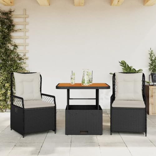IKAYAA Gartenmöbel Set 2 Verstellbare Hochlehner Stühlen mit Tisch Garten sitzgruppe 2 Personen Polyrattan Gartenmöbel Sitzgruppe Gartengarnitur mit Kissen-Schwarz-3-tlg-2