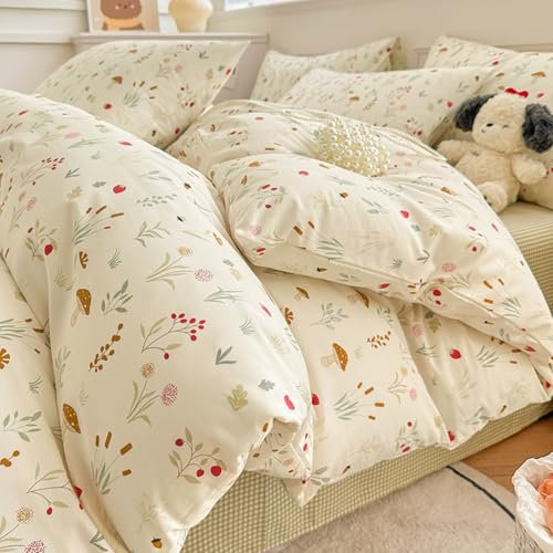 Sedefen Blumen Bettwäsche 135x200cm Grün Rot Blätter Blumen Muster Pflanzen Bettwäsche Set Bunt Floral Botanisch Microfaser Renforce ÖKO-TEX Bettbezug mit Reißverschluss und 1 Kissenbezug 80x80cm