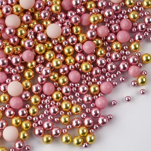 Rosa und Gold Essbare Perlen für Tortendeko, 130g Streusel für Kuchen Backfeste Muffin Cupcake, für Weihnachten Halloween Hochzeiten Kommunion und tägliche Kuchendekorationen