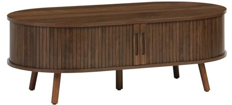 sweeek - Table Basse 2 Portes coulissantes avec 3 Compartiments décor Bois rainuré Noyer. L 110 x P 59 x H 39cm