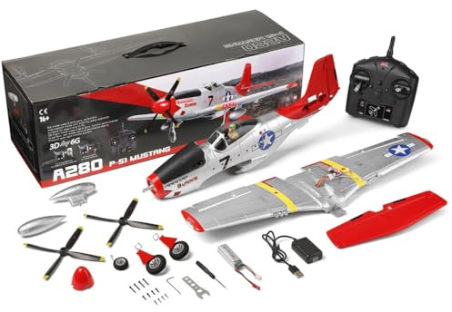 WANENGEDIY Avion télécommandé pour adultes, XK A280 P-51 3D/6G 2.4G 4CH sans balais 560 mm envergure en polypropylène expansé à aile fixe modèle d'avion RC avec libération rapide, avion RC pour