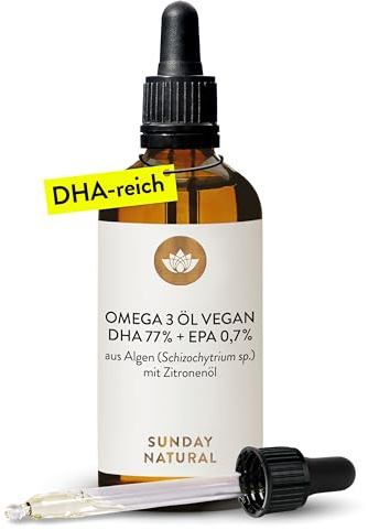 SUNDAY NATURAL® DHA Omega 3 Algenöl Vegan - Hochdosiert 1.000mg Omega 3 EPA DHA – 100ml – Natürlicher Zitronengeschmack – Triglycerid-Form – Laborgeprüft in Deutschland, ohne unnötige Zusätze