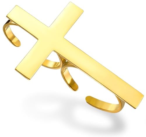 VASSAGO Kreuzring für Damen und Herren Edelstahl verstellbar 2 Finger Ring zierlich Hochzeit stapelbar katholisch christlich religiöser Glaube Amulett Schmuck Taufgeschenk