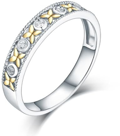 Verlobungsring Damen Floral, Eheringe Vintage 0.05 Karat Diamant Runde Gr.70 (22.3) 18 Karat Weißgold