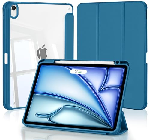 4UBonLife Funda para iPad Air 11 Pulgadas M4/M3/M2 (2026/2025/2024), iPad Air 5.ª / 4.ª Gen 10,9 con Portalápiz, Carcasa Protectora Antigolpes, Cubierta Trasera Rígida Transparente, Azul Pavoreal