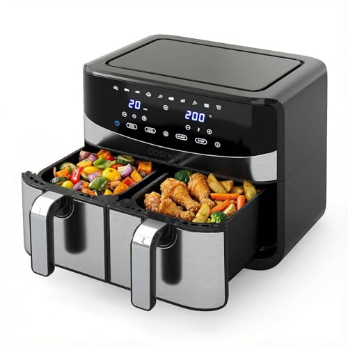 COSTWAY 10 in 1 Friggitrice ad Aria 8L 2100W | Friggitrice a Doppio Cestello con Aria Calda a 360°, Touchscreen Digitale, Timer, 40-200°C, Lavabile in Lavastoviglie