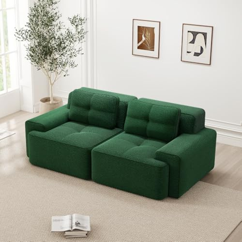 Divano 2 posti,divano modulare,divano imbottito senza telaio a compressione sottovuoto con 2 cuscini,Imbottitura in schiuma 32D alta densità,Senza montaggio,Verde(Seduta prof. 74+Bracciolo lar. 30)