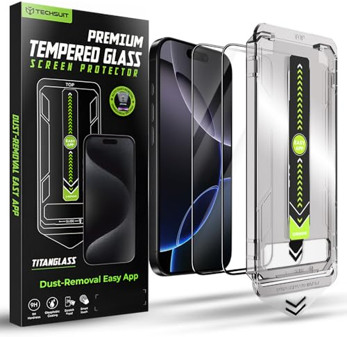Techsuit Displayschutzfolie 2er Pack für iPhone 16 Pro Max Gehärtetes Glas mit Vollständige Abdeckung, HD Klarheit, Stoßschutz, Oleophobe Beschichtung, TitanGlass FullCover