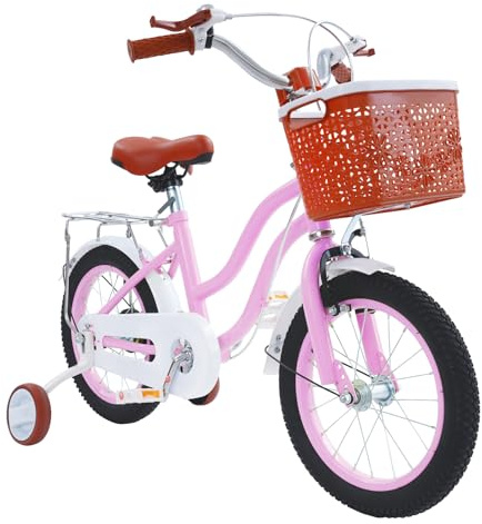 Pinuox 14 Zoll Kinderfahrrad mit Stützrädern, Korb & Gepäckträger – Höhenverstellbarer Lenker & Sattel für 3-7 Jahre, Rosa