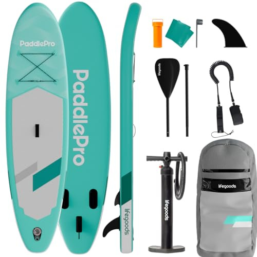 LifeGoods SUP Board Set - Aufblasbare Stand Up Paddling Board - Komplettes Set inklusive Zubehör und Verstellbares Padel - Geeignet für Anfänger und Fortgeschrittene - Bis 100KG - 320x81cm
